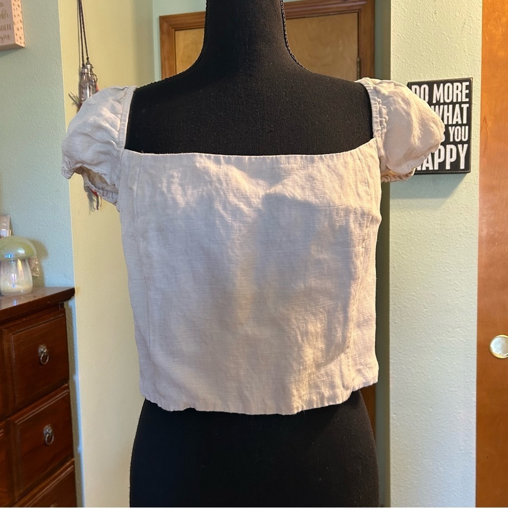 J. Crew tan linen blend short sleeve crop top size L puff sleeve smocked